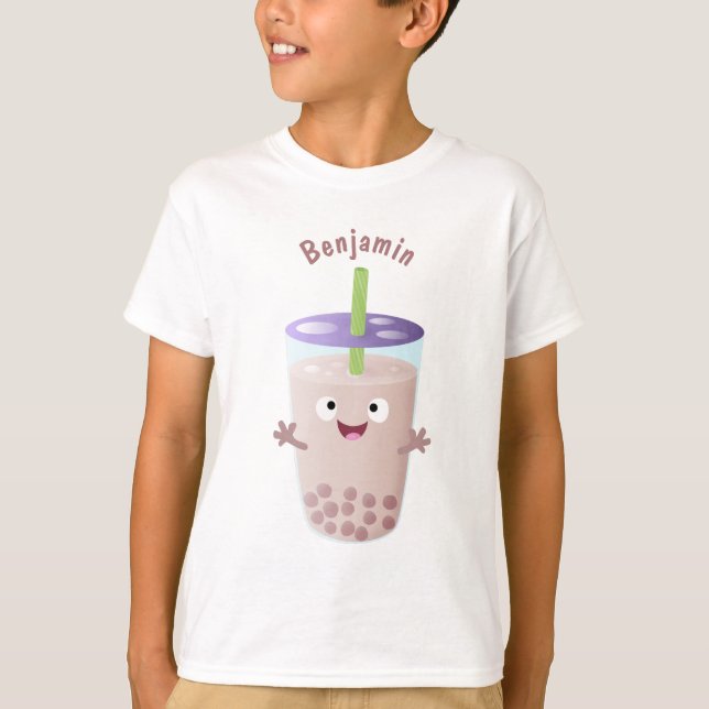 Cute happy bubble tea boba cartoon character T-Shirt (Front)