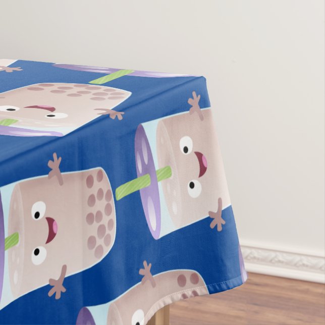 Cute happy bubble tea boba cartoon character tablecloth (In Situ)