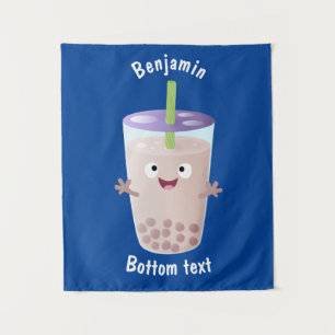 Cute happy bubble tea boba cartoon character tapestry