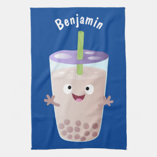Cute happy bubble tea boba cartoon character tea towel