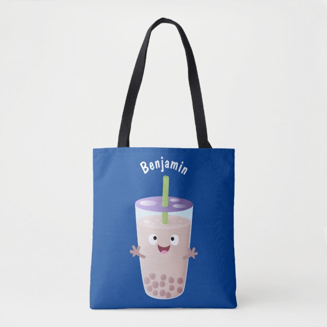 Cute happy bubble tea boba cartoon character tote bag (Front)