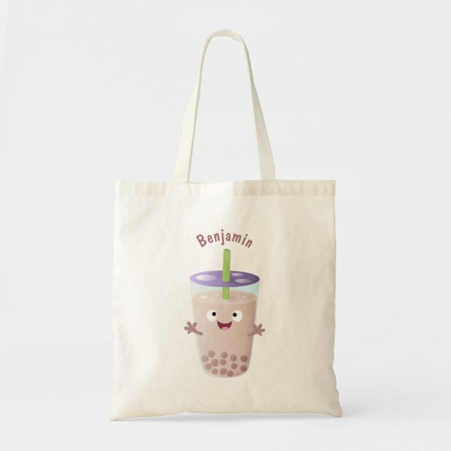 Cute happy bubble tea boba cartoon character tote bag (Front)