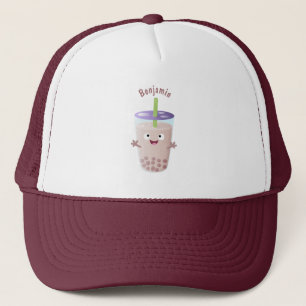 Cute happy bubble tea boba cartoon character trucker hat