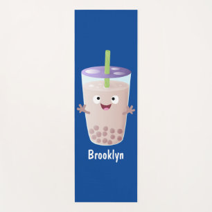 Cute happy bubble tea boba cartoon character yoga mat