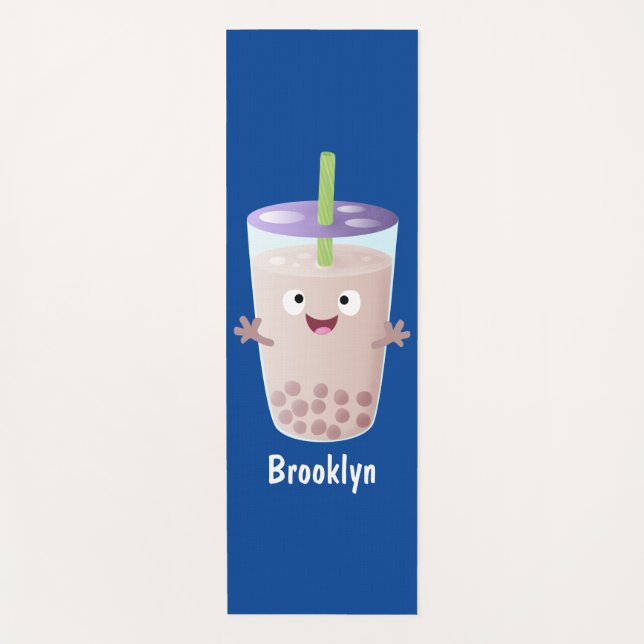 Cute happy bubble tea boba cartoon character yoga mat (Front)