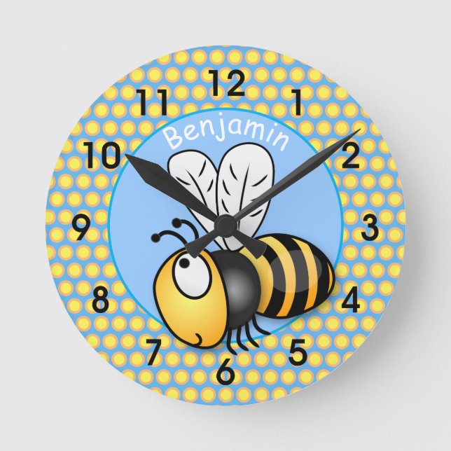 Cute happy bumble bee cartoon illustration round clock (Front)