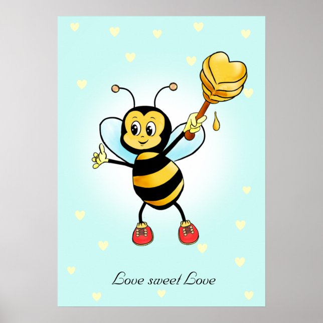 Cute Happy Bumble Bee & Honeycomb with Hearts Post Poster (Front)