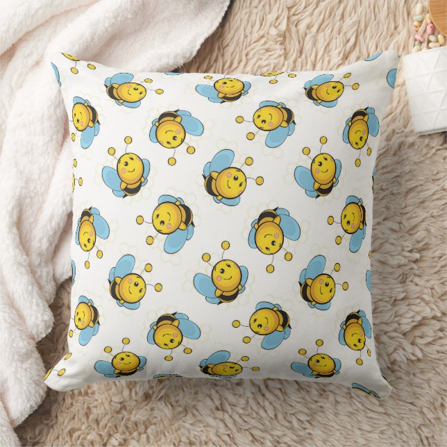 Cute happy bumble bee pattern white cushion (Blanket)