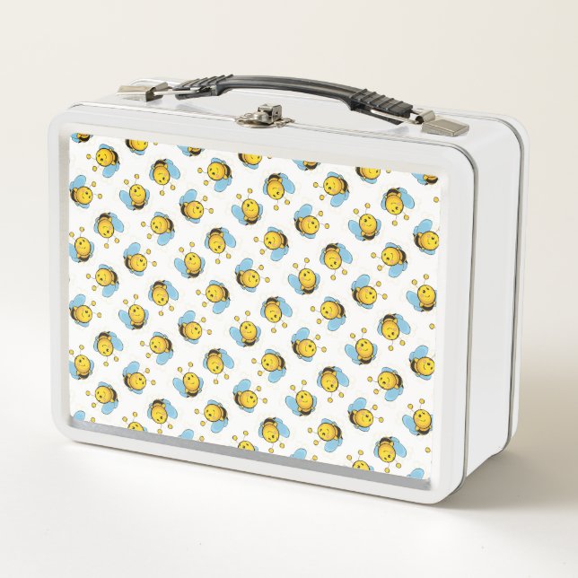 Cute happy bumble bee pattern white metal lunch box (Front)