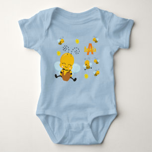 Cute Happy Bumble Bee with Flowers Blue Baby Bodysuit