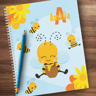 Cute Happy Bumble Bee with Flowers Little Kid Notebook