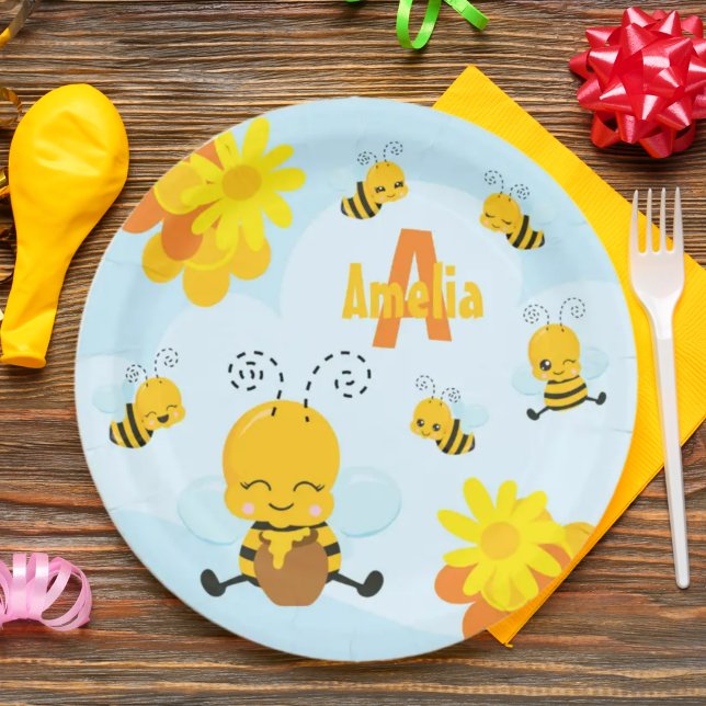 Cute Happy Bumble Bee with Flowers Little Kid Paper Plate (Creator Uploaded)
