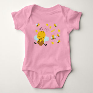 Cute Happy Bumble Bee with Flowers Pink Baby Bodysuit