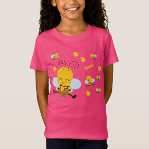 Cute Happy Bumble Bee with Flowers Pink T-Shirt