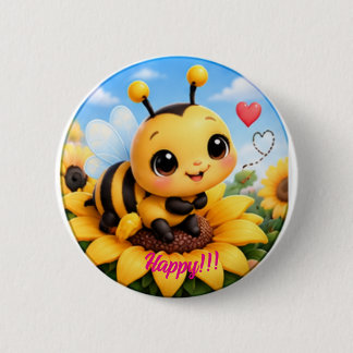 Cute Happy Bumblebee on Sunflower 3 Inch Round But 6 Cm Round Badge