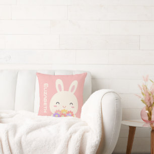 Cute Happy Bunny and Flowers Pink Cushion