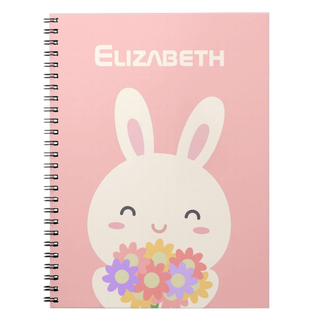 Cute Happy Bunny and Flowers Pink Notebook (Front)