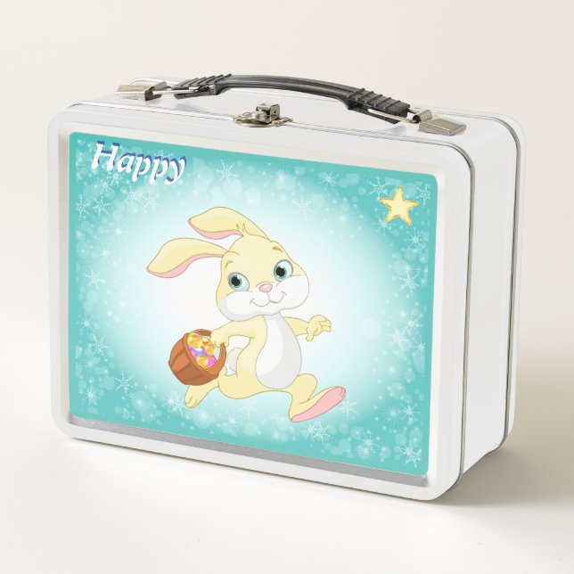 Cute happy bunny and star on light blue metal lunch box (Front)