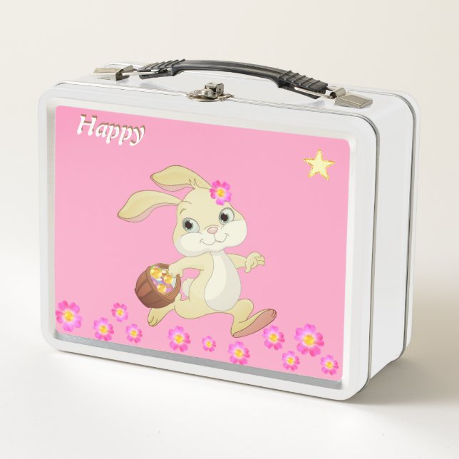 Cute happy bunny, flowers and star on pink metal lunch box (Front)