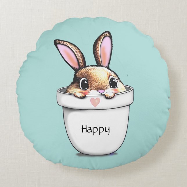 Cute Happy Bunny in a Plant Pot on Light Blue Round Cushion (Front)