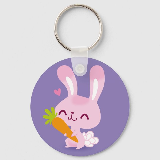 Cute Happy Bunny Rabbit Holding a Carrot Key Ring (Front)