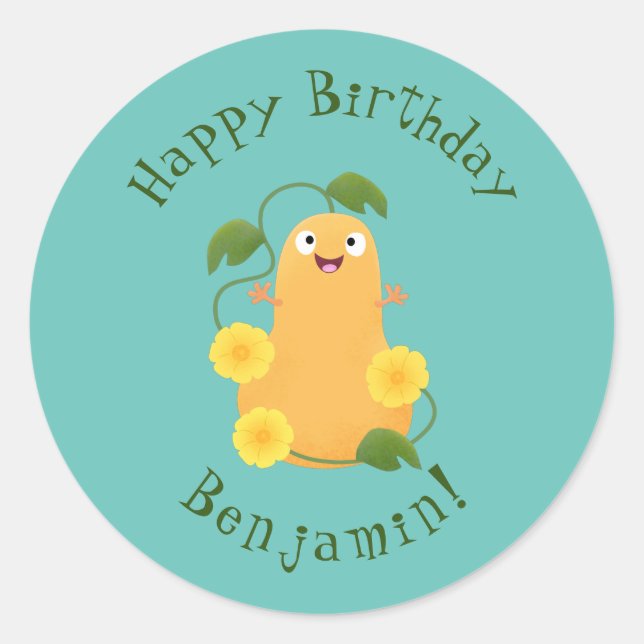Cute happy butternut pumpkin gourd cartoon classic round sticker (Front)