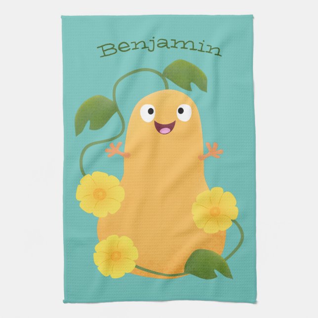 Cute happy butternut pumpkin gourd cartoon tea towel (Vertical)