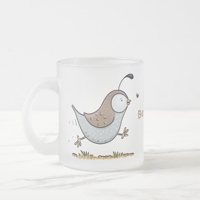 Cute happy californian quail cartoon illustration frosted glass coffee mug (Left)