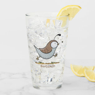 Cute happy californian quail cartoon illustration glass