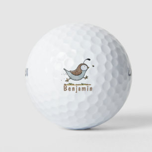 Cute happy californian quail cartoon illustration golf balls