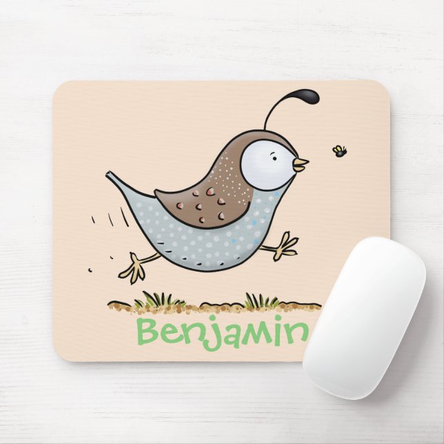 Cute happy californian quail cartoon illustration mouse mat (With Mouse)
