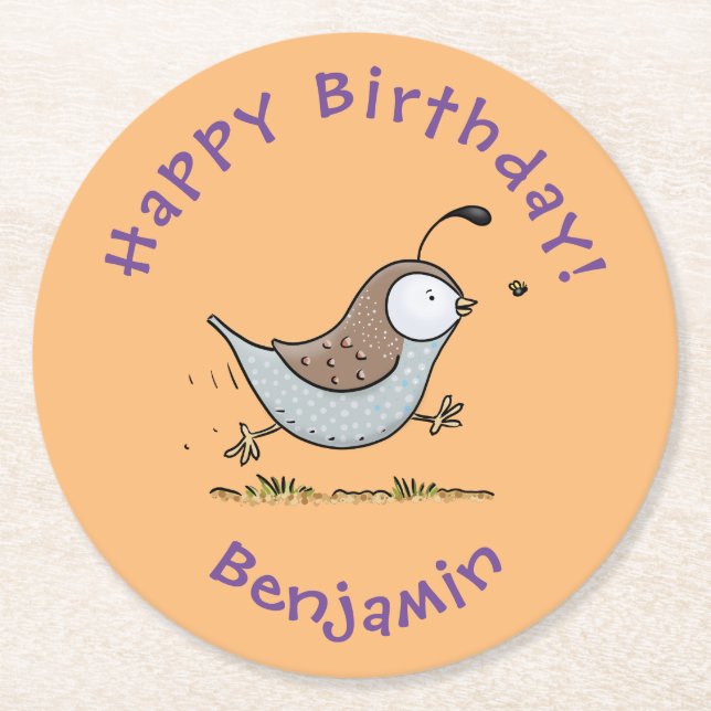 Cute happy californian quail cartoon illustration round paper coaster (Front)
