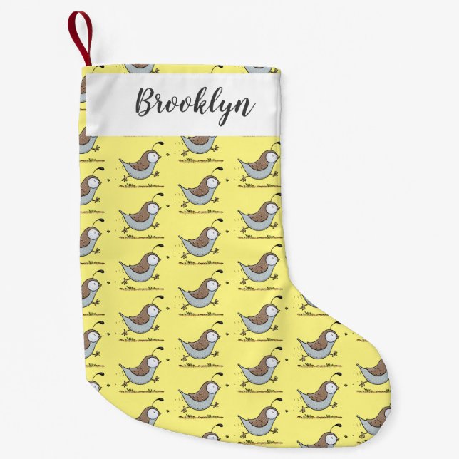 Cute happy californian quail cartoon illustration small christmas stocking (Front)