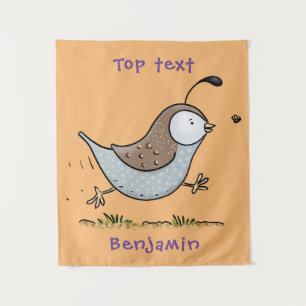 Cute happy californian quail cartoon illustration tapestry