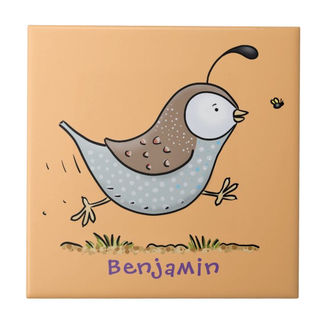Cute happy californian quail cartoon illustration tile (Front)