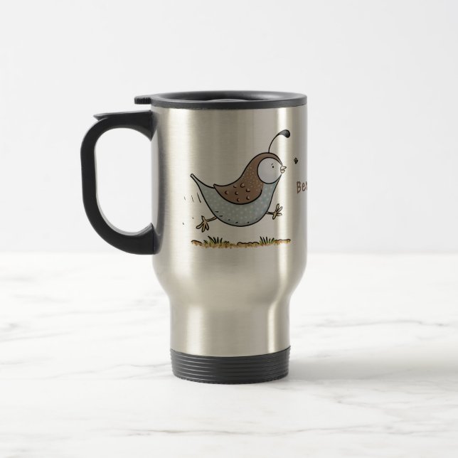 Cute happy californian quail cartoon illustration travel mug (Left)