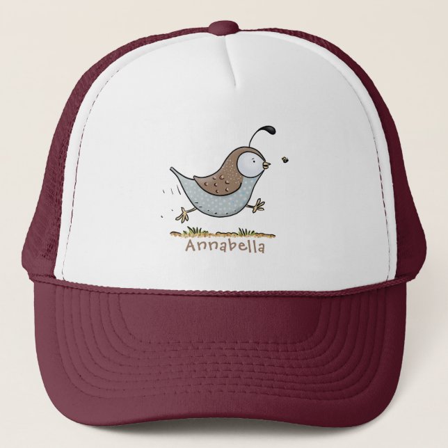 Cute happy californian quail cartoon illustration trucker hat (Front)