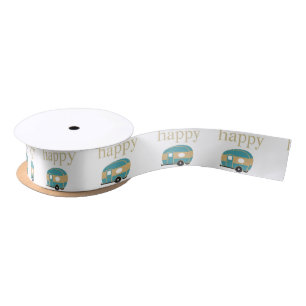 Cute Happy Camp Personality Teal Travel Trailer Satin Ribbon