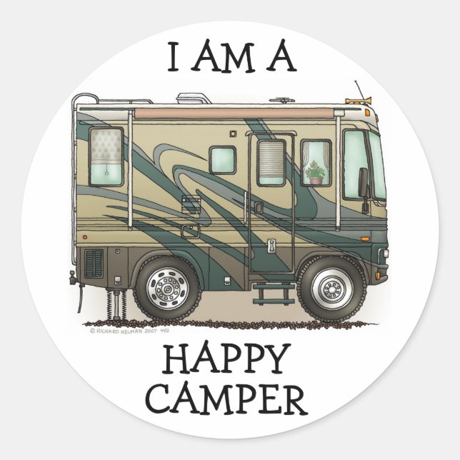 Cute Happy Camper Big RV Coach Motorhome Classic Round Sticker (Front)