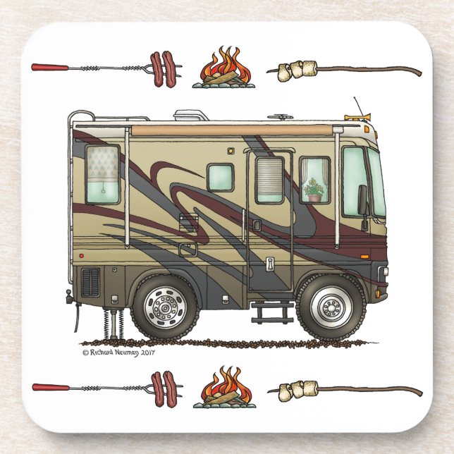 Cute Happy Camper Big RV Coach Motorhome (maroon) Coaster (Front)
