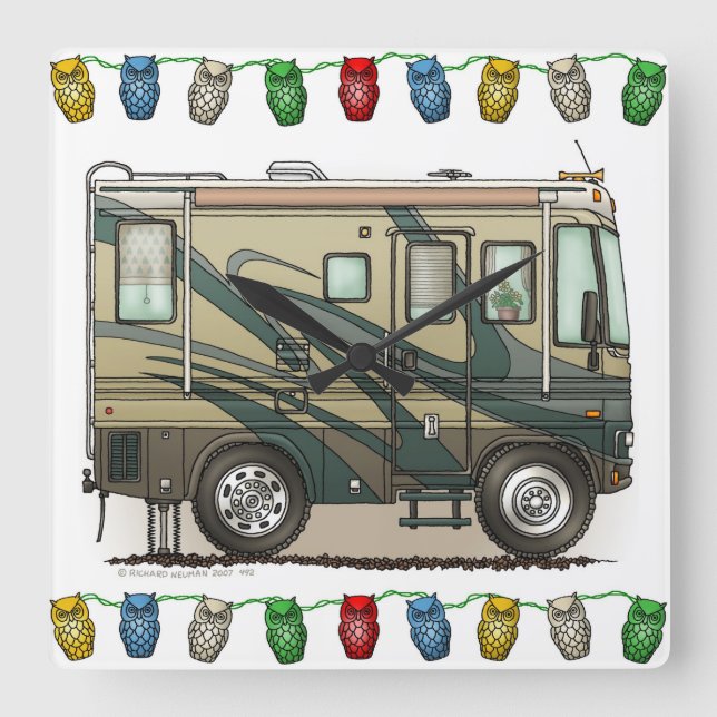Cute Happy Camper Big RV Coach Motorhome Square Wall Clock (Front)