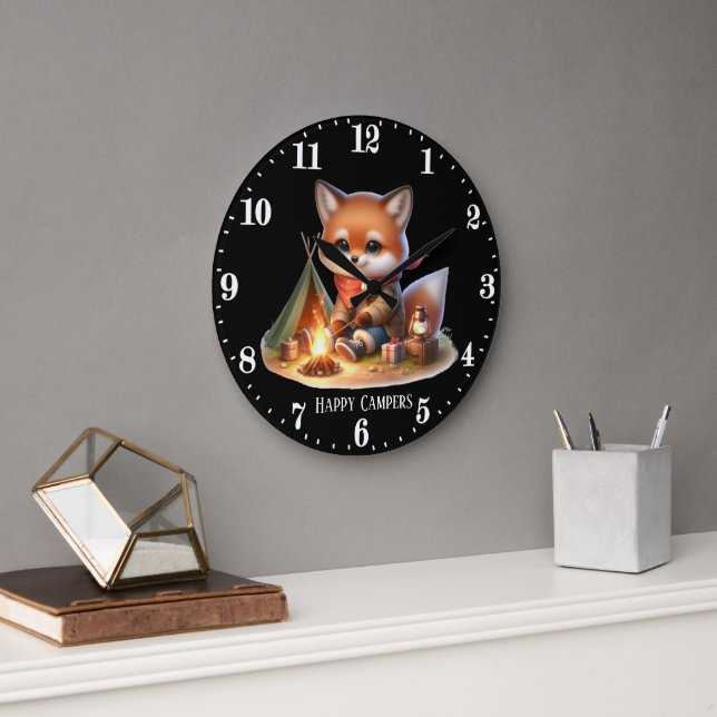Cute happy camper fox add text large clock (Office)