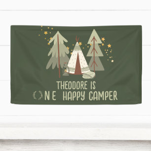 Cute Happy Camper Green Woodland First Birthday Banner
