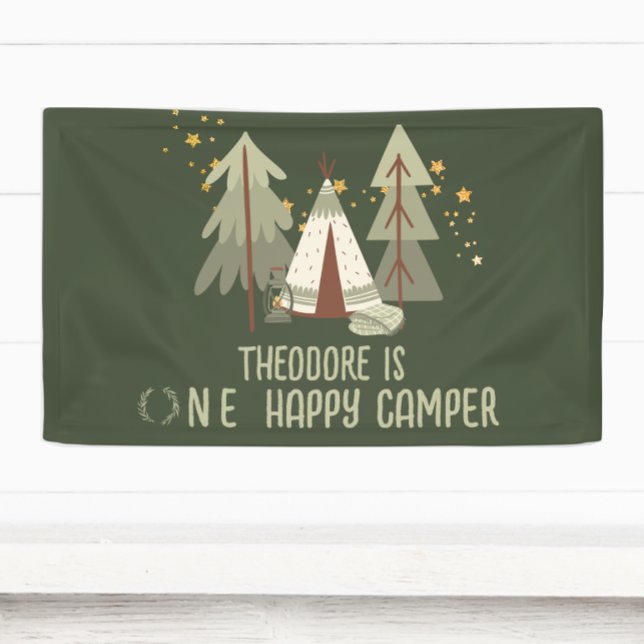 Cute Happy Camper Green Woodland First Birthday Banner (Creator Uploaded)