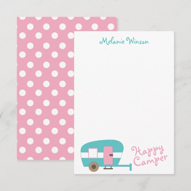 Cute Happy Camper Personalised Note Cards (Front/Back)
