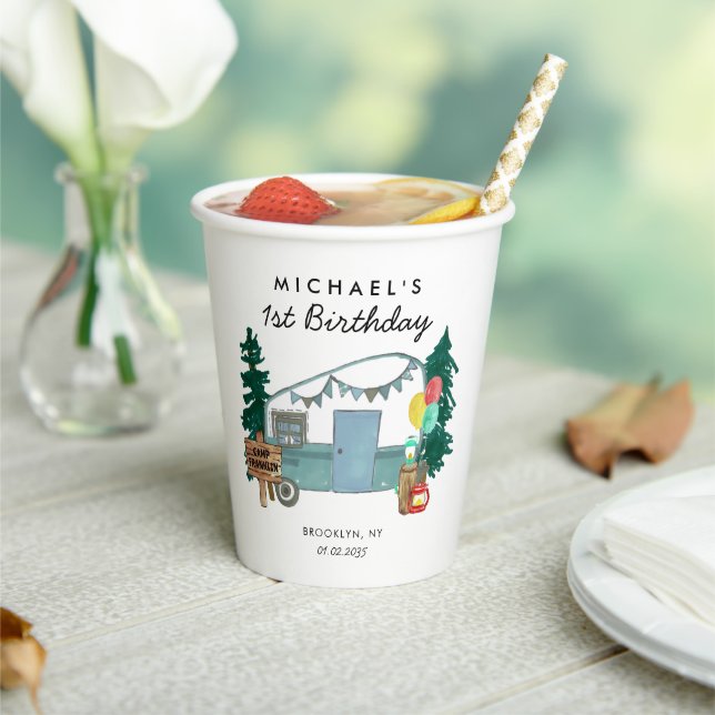 Cute Happy Camper Van Trees Camping 1st Birthday Paper Cups (Insitu)