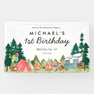 Cute Happy Camper Van Trees Camping Kids Birthday Banner
