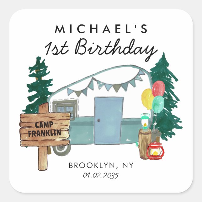 Cute Happy Camper Van Trees Camping Kids Birthday Square Sticker (Front)