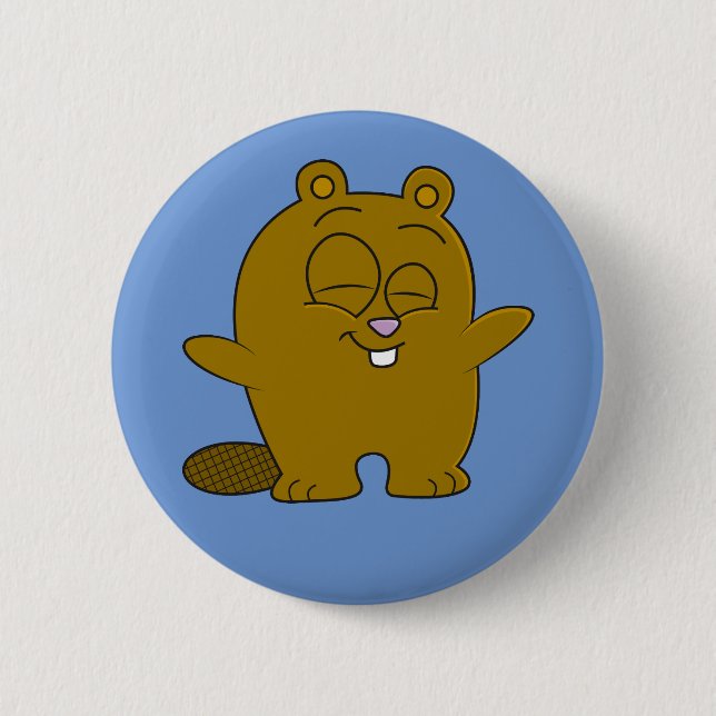 Cute, happy cartoon beaver button (Front)