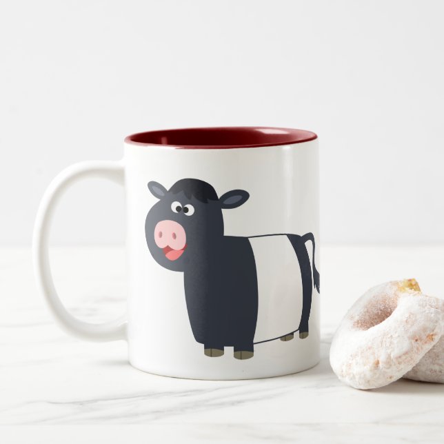 Cute Happy Cartoon Belted Galloway Cow Two-Tone Coffee Mug (With Donut)